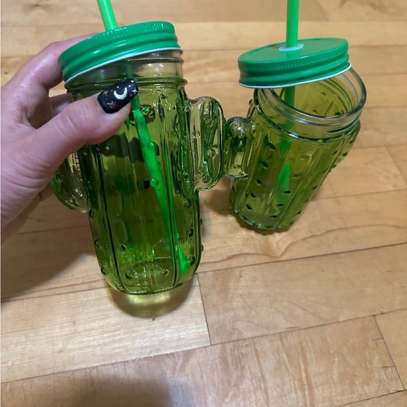 Green Cactus Glass Tumblers with Straws Jar Cup Drink ware Western Cowboy NWOT - Picture 3 of 4